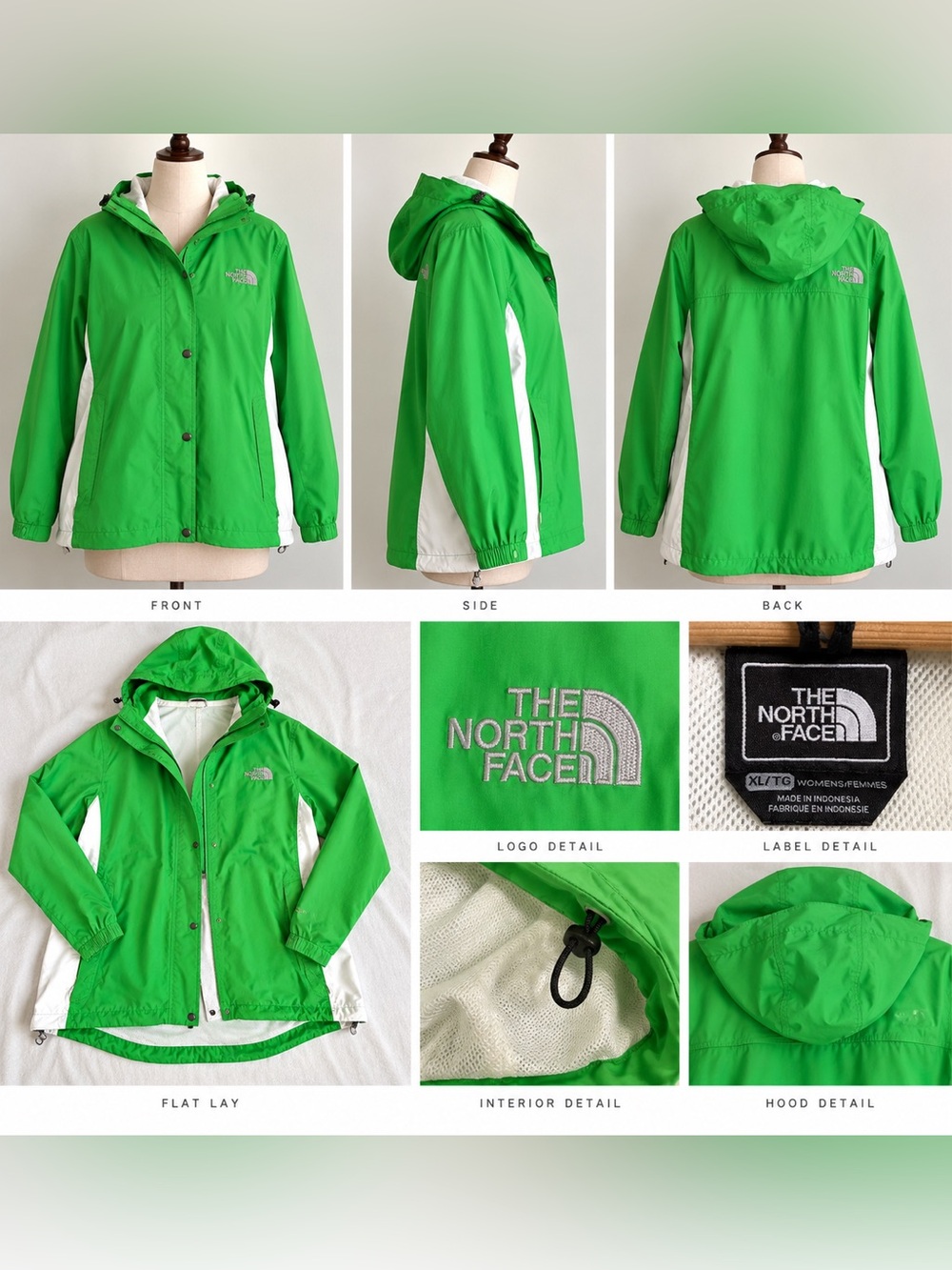 The North Face Green Hooded Rain Jacket with White Panels